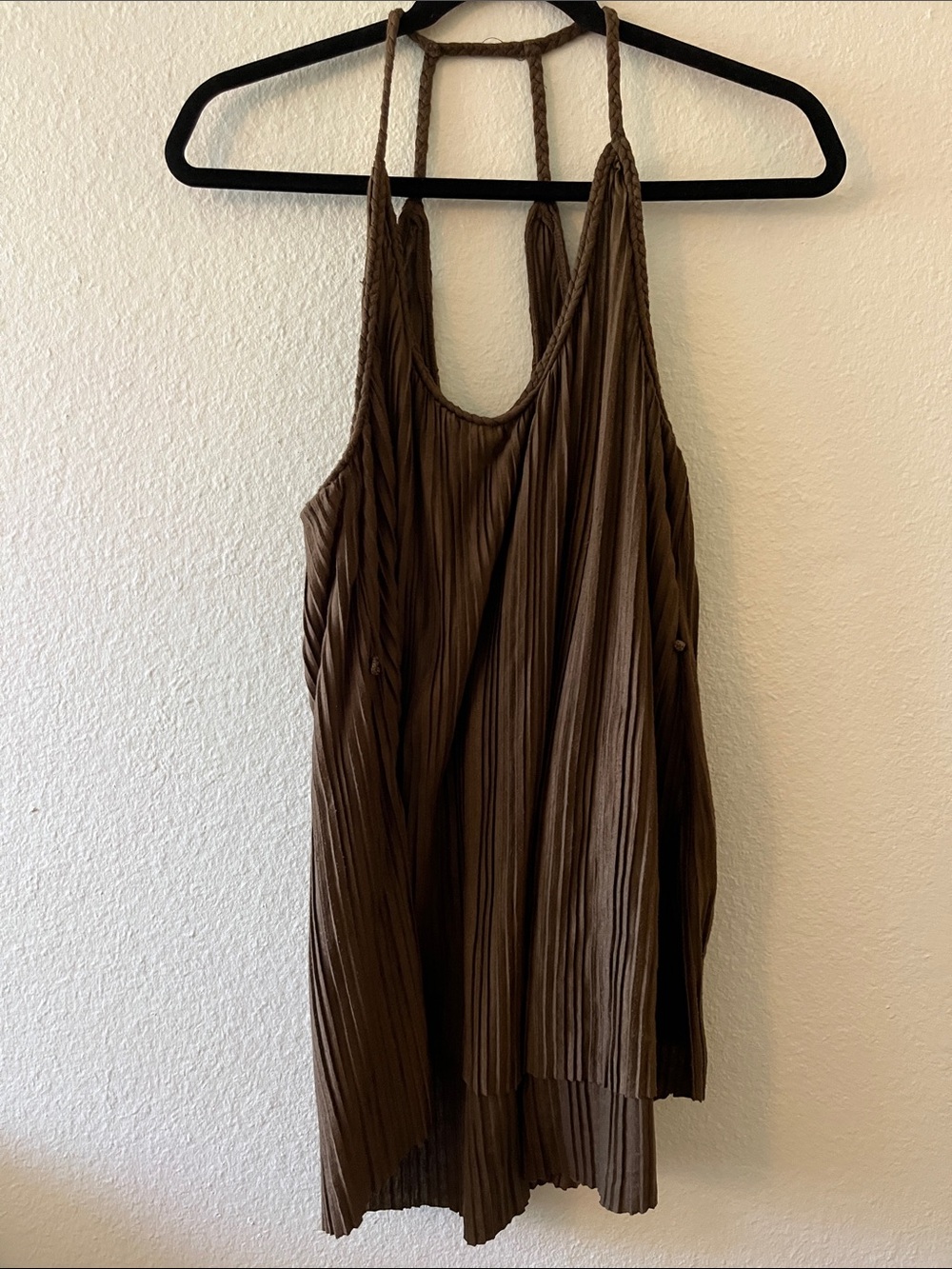 Anthropologie Olive Green Pleated Halter Maxi Dress